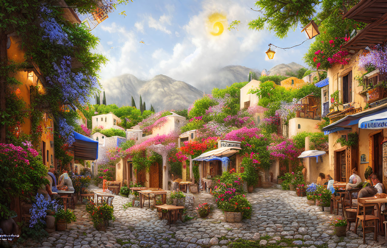 Scenic village street with cobblestones, flowers, cafes, and people on a sunny day