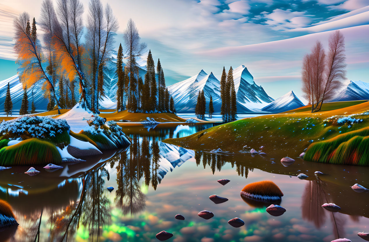 Snowy mountains, reflective river, autumn trees in serene landscape