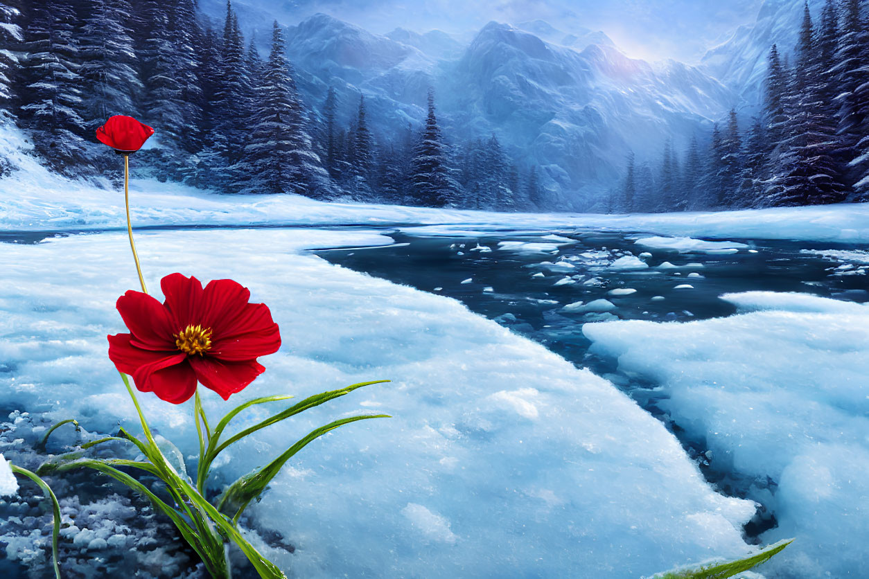 Vivid red flower in snowy winter landscape with frozen river and pine trees