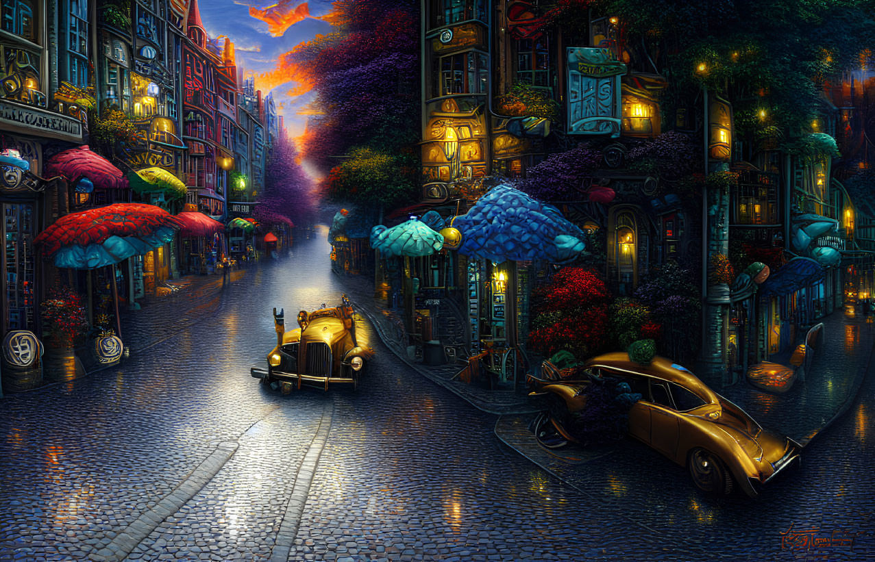 Colorful cobblestone street at dusk with vintage cars and whimsical umbrella streetlights