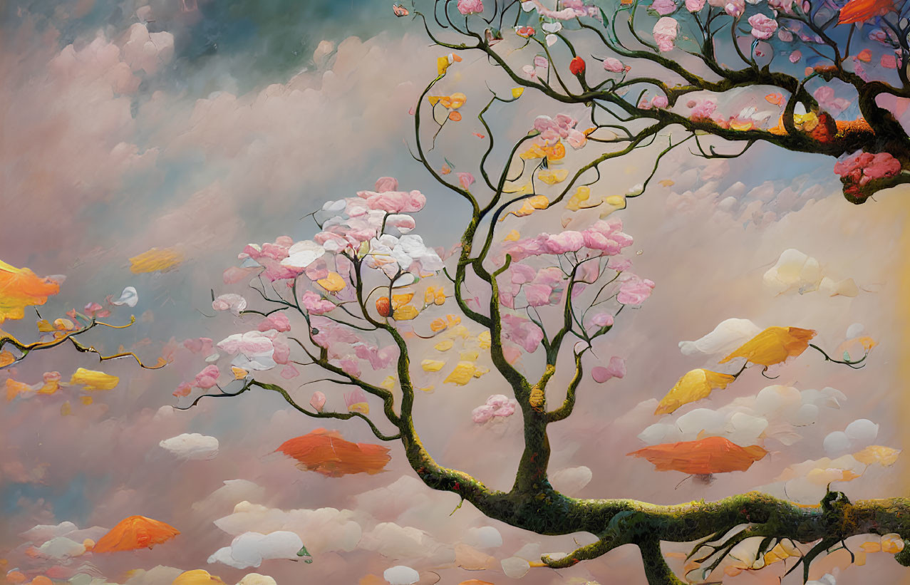 Whimsical painting of a tree with pink blossoms in pastel sky