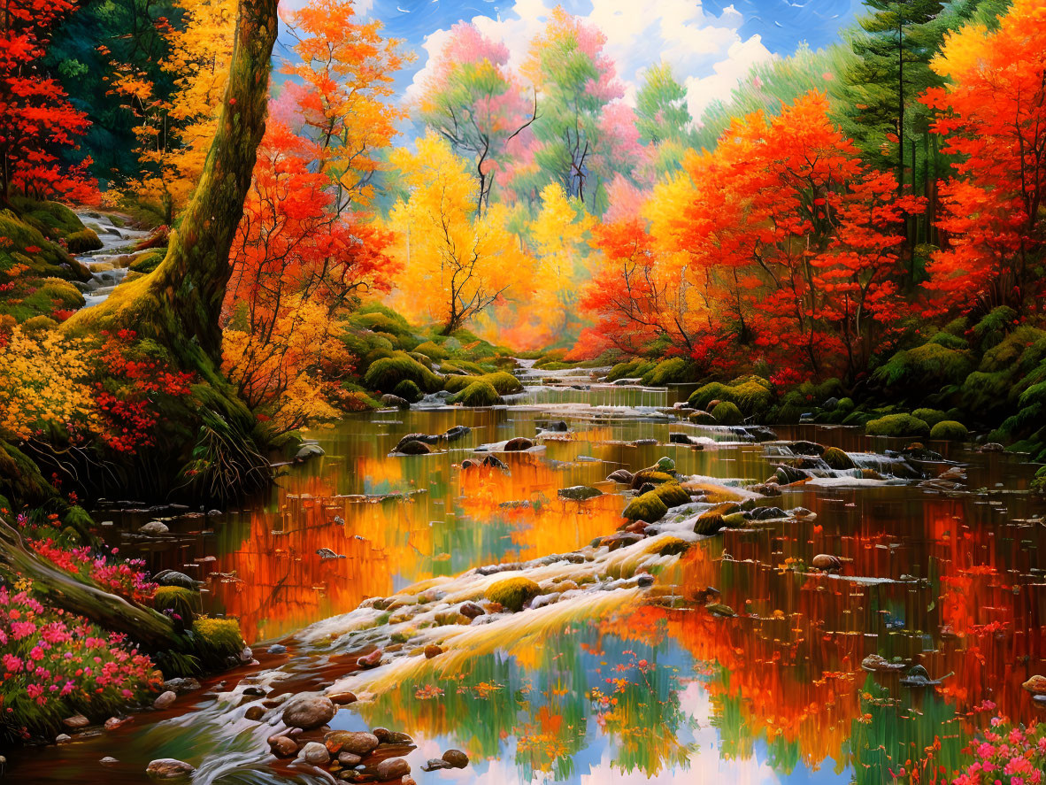 Colorful autumn river landscape with vibrant trees and stone streambed.