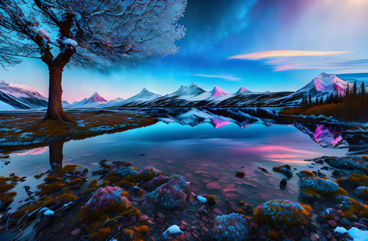 Twilight lakeside landscape with wildflowers, tree, mountains, starry sky, and aurora