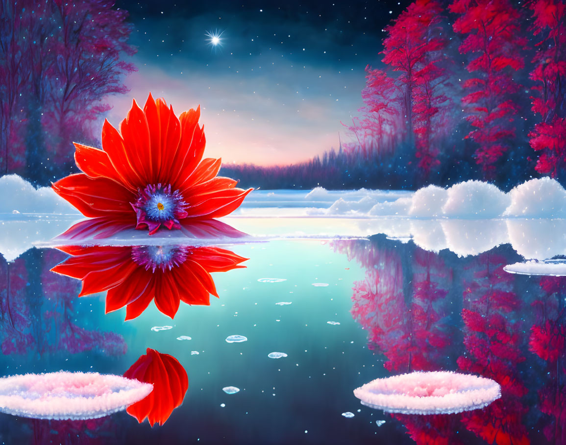 Red flower floating on tranquil lake with snowy banks and twilight sky reflecting in water near red-tinted