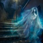 Spectral figure with blue wings on misty stairs draped in luminescent fog