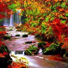 Tranquil Autumn Landscape with Waterfall and Red Leaves
