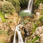 Lush waterfall painting with pink flowers and greenery