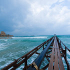 Digital artwork of wooden pier over tranquil waters at sunset