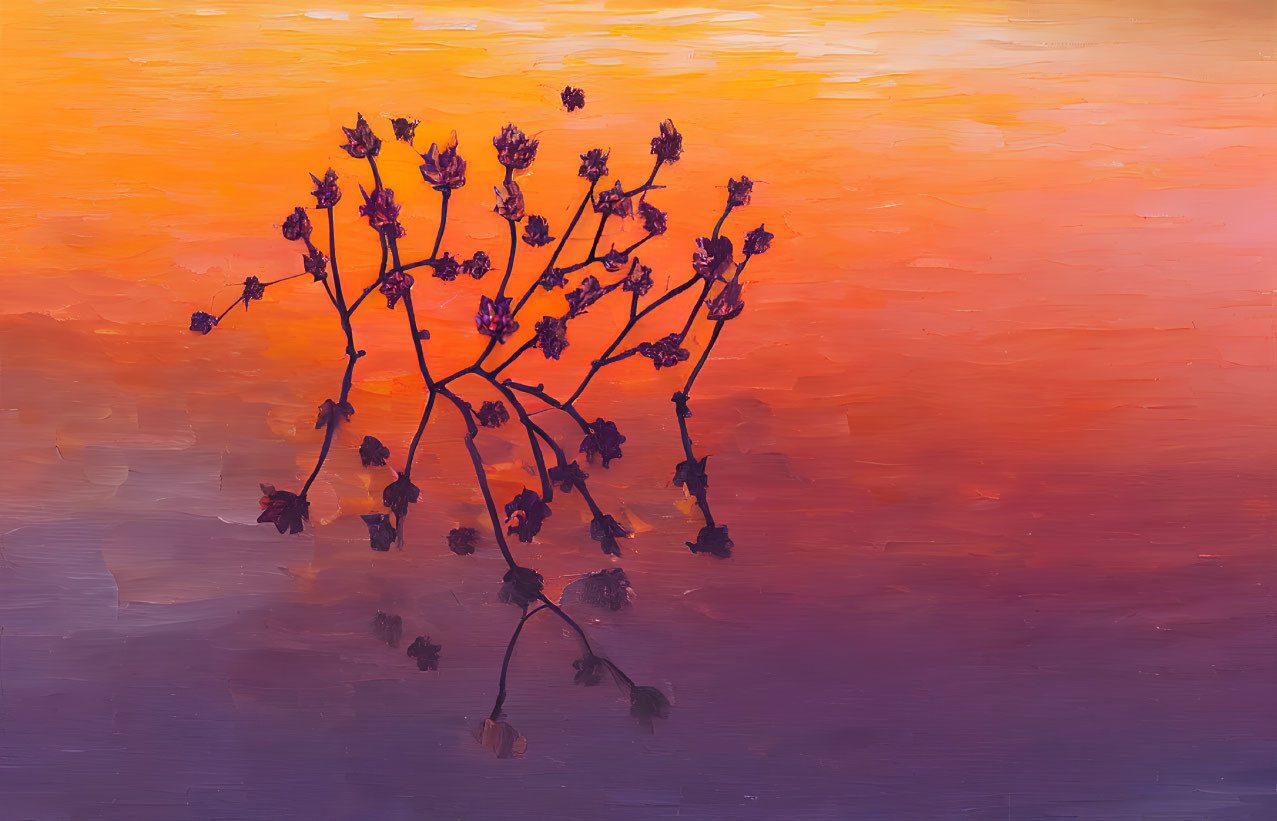 Flowering Branch Silhouette Against Vibrant Sunset Sky