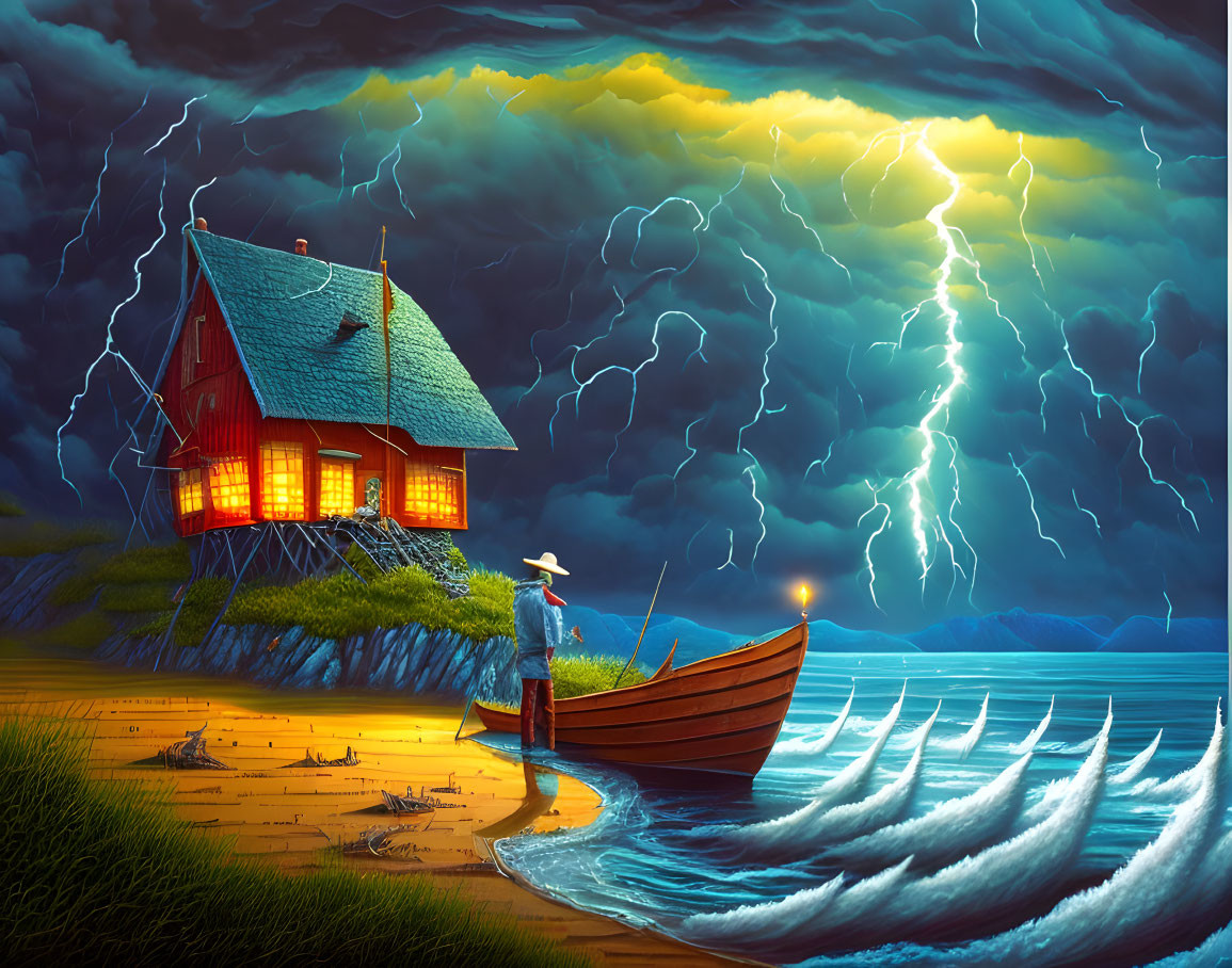 Surreal red-roofed house on grassy hillock by stormy sea with lightning.