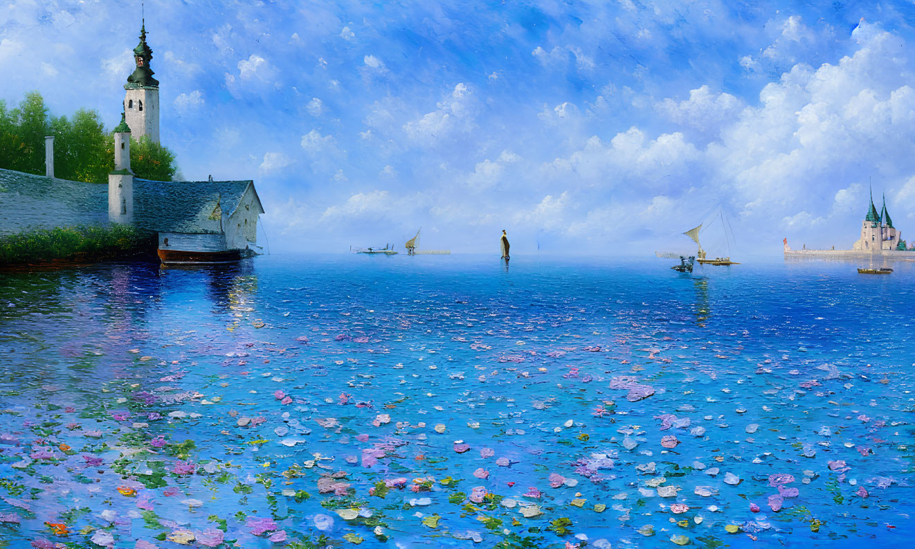 Tranquil scene with person in water, pink flowers, boats, white building, blue sky