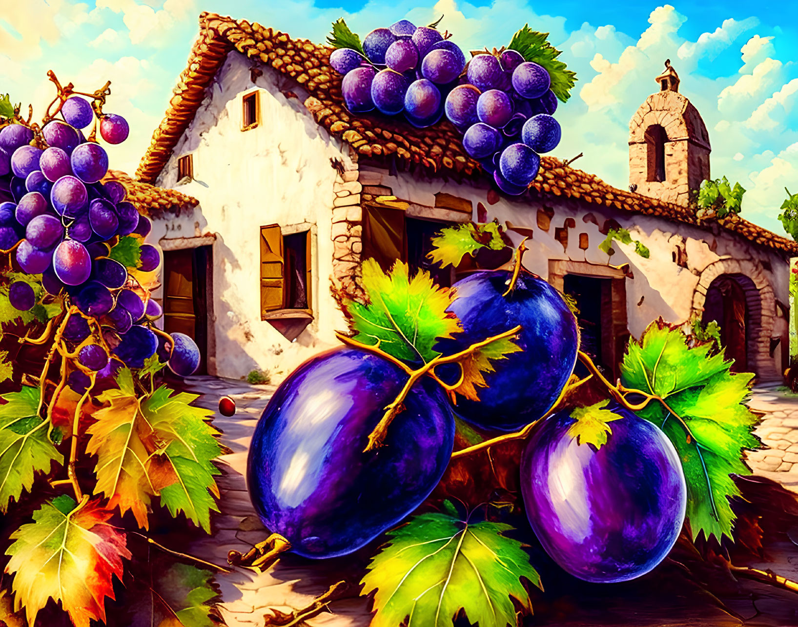 Colorful illustration of ripe grapes and rustic house under blue sky