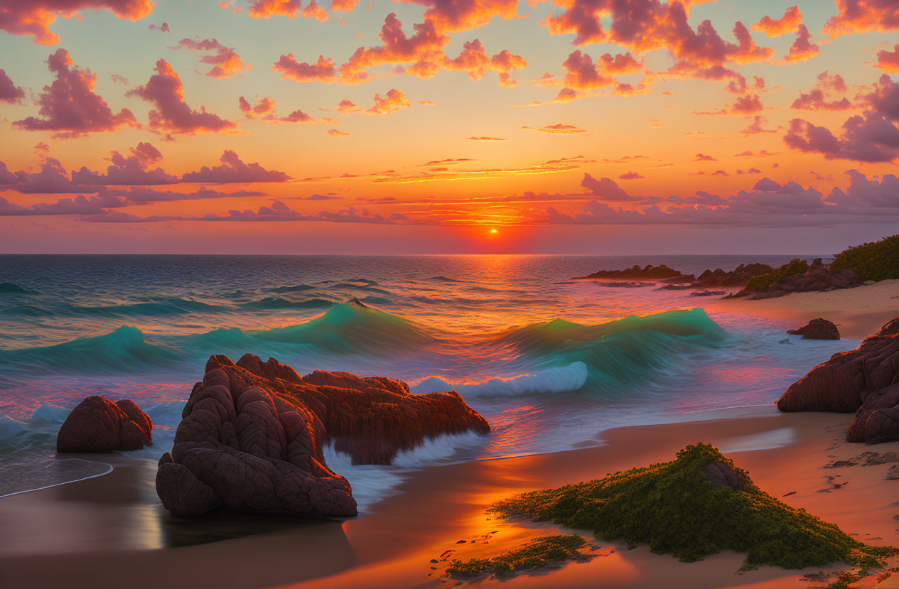 Vibrant orange sunset over turquoise beach waves and rocky outcrops