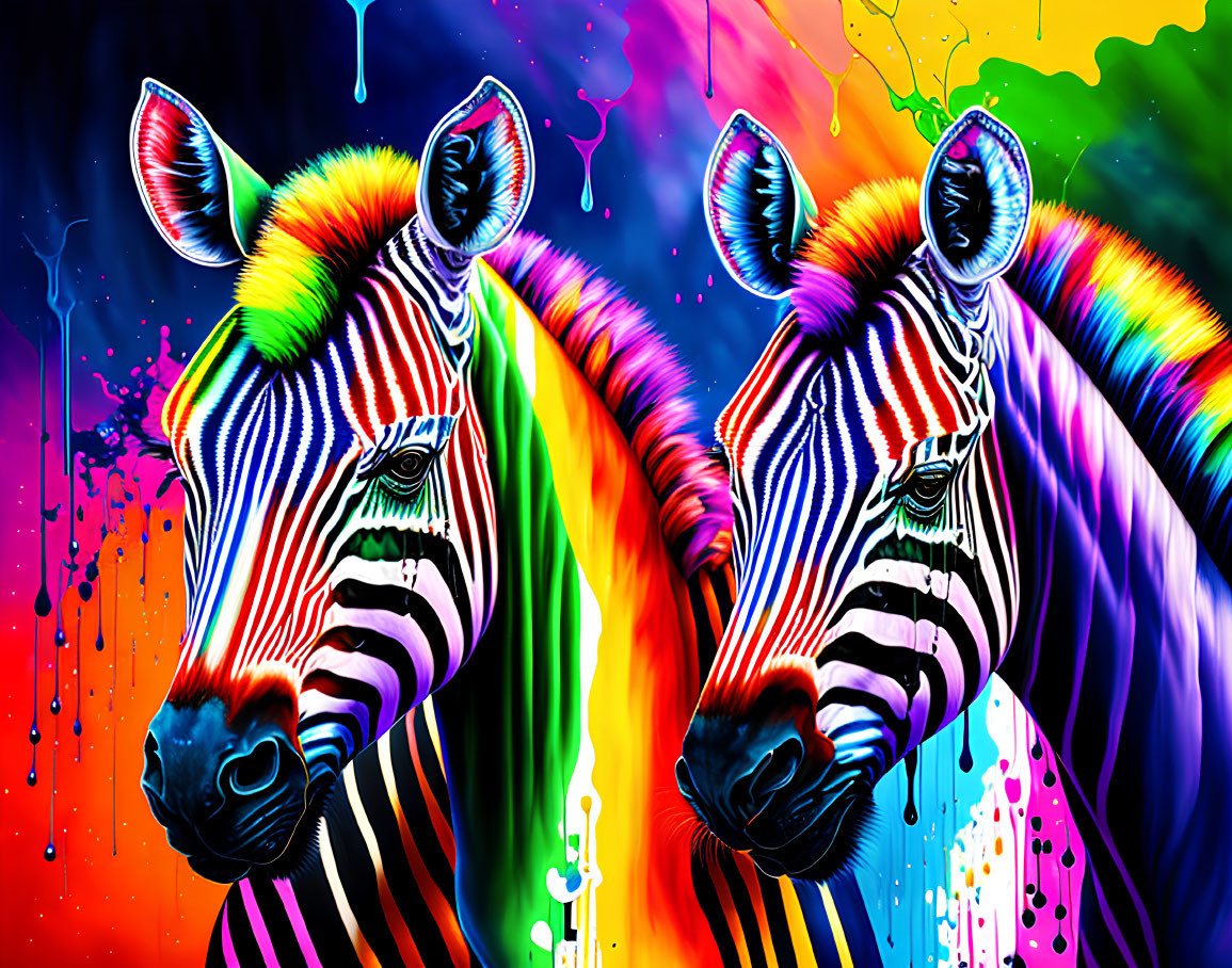 Abstract colorful background with two zebras and vibrant paint splashes