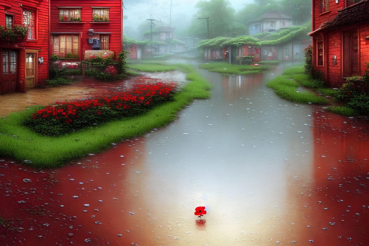 Rainy cobblestone street with red houses and umbrella reflection