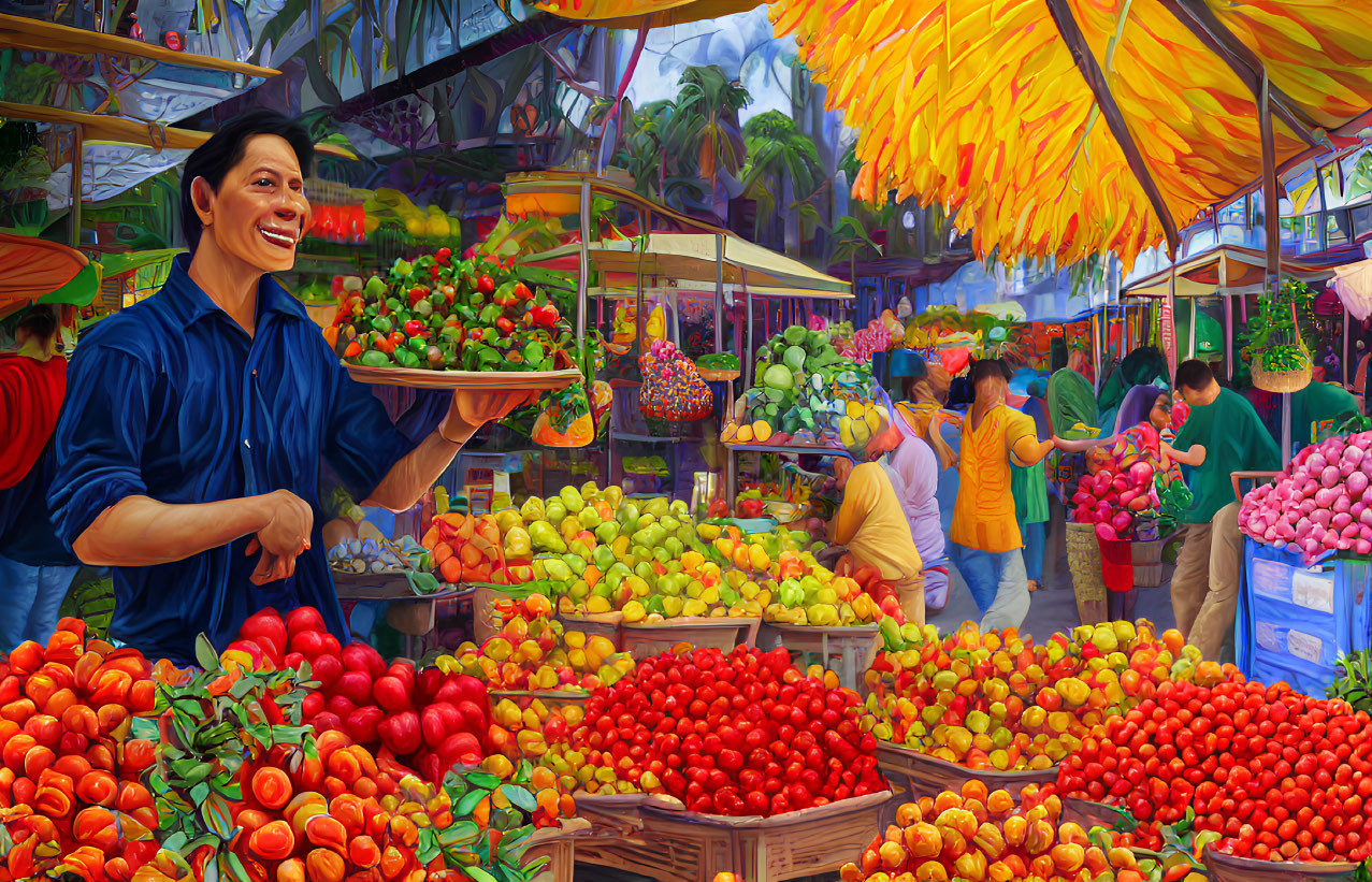 Colorful Fruit Market Scene with Smiling Vendor and Fresh Strawberries