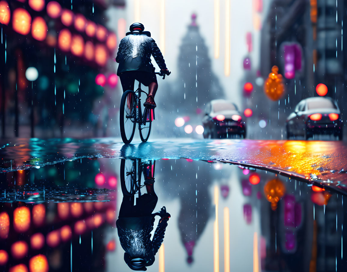 Cyclist riding on wet city street at night with colorful reflections