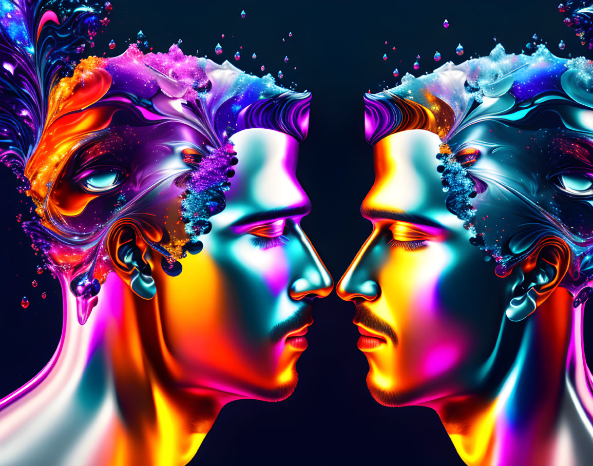 Colorful Digital Artwork: Symmetrical Male Faces with Ornate Headdresses Merging into Liquid Splash