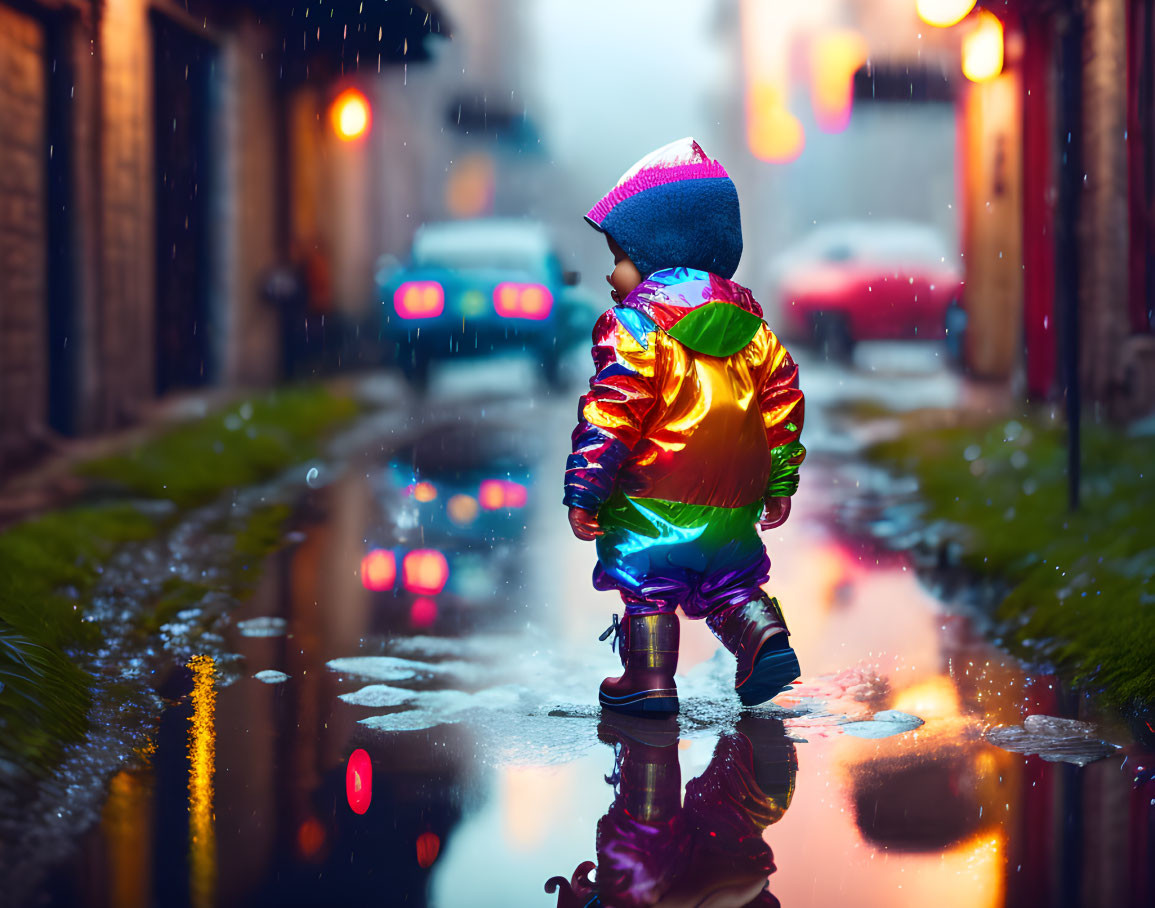 Child in colorful raincoat by city puddle on wet street with reflections.