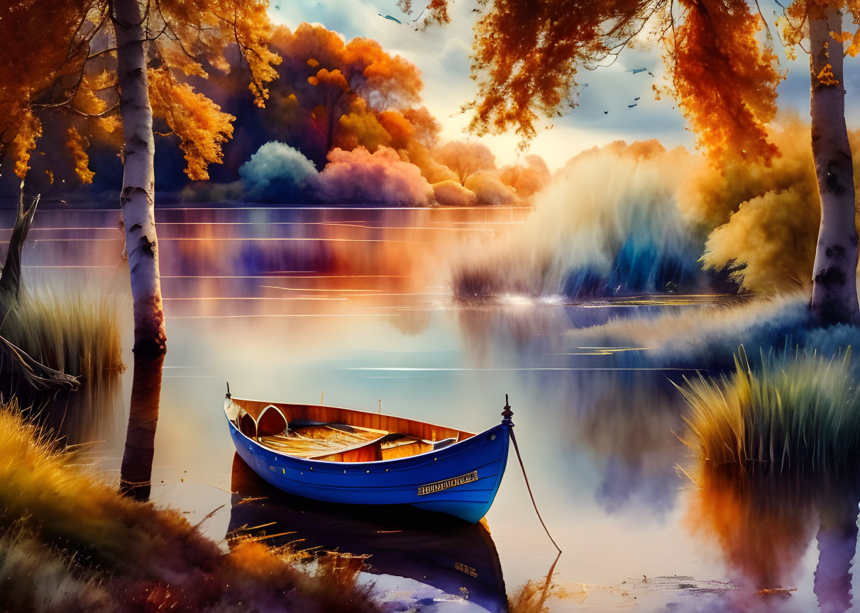 Tranquil autumn lake landscape with blue boat and colorful foliage