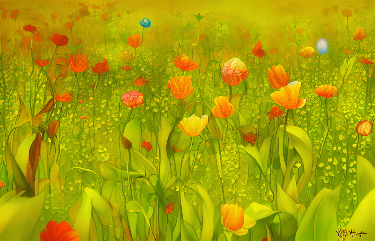 Colorful tulip field with butterflies and hidden blue egg under hazy sky