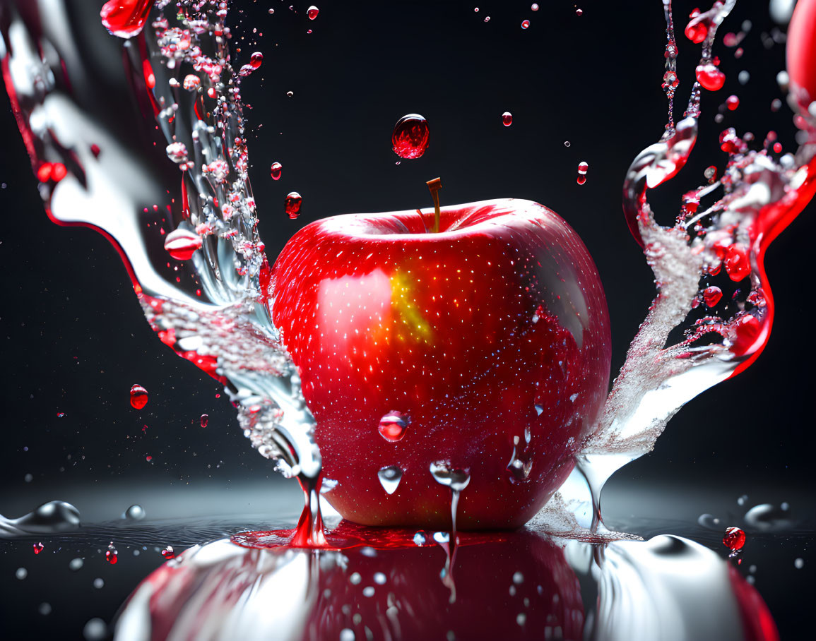 Red Apple with Water Splash on Reflective Surface Against Dark Background