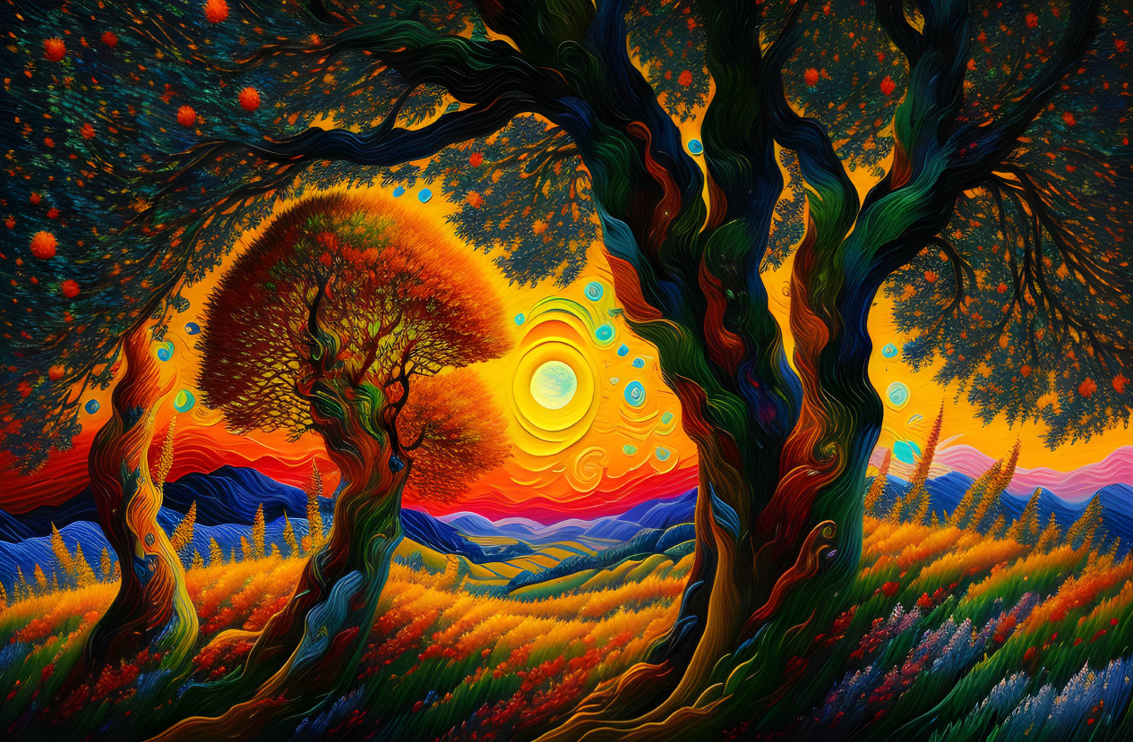 Colorful landscape painting with swirling skies and stylized trees reminiscent of Starry Night