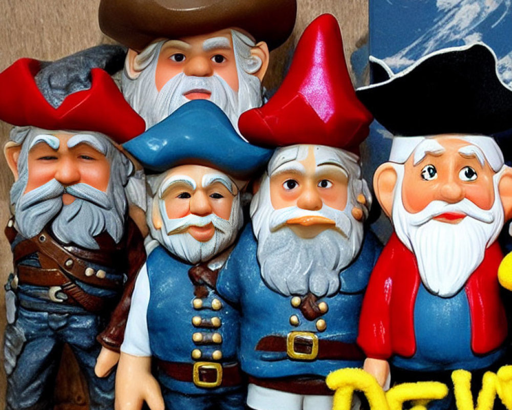 Vibrant Gnome Figurines with Beards and Hats on Wooden Background