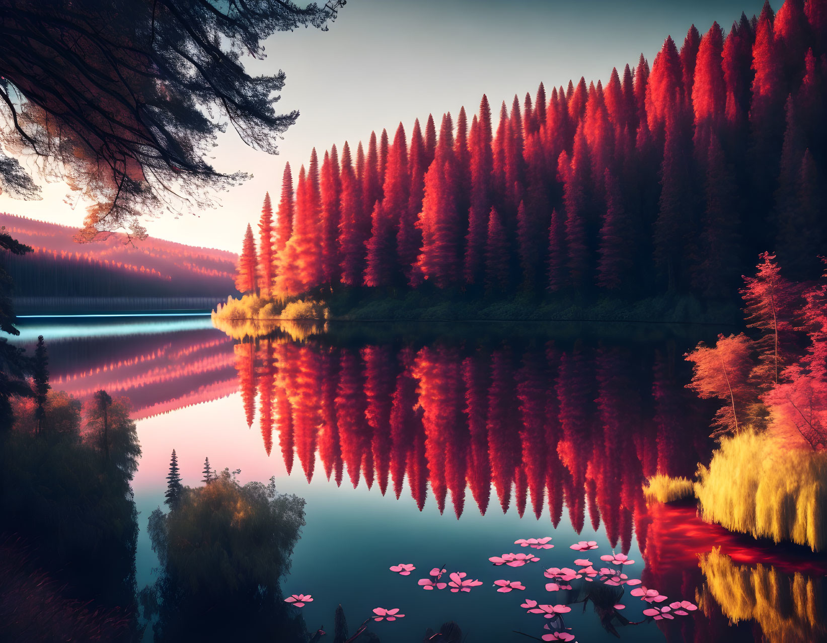 Tranquil sunset over serene lake with vibrant trees and water lilies