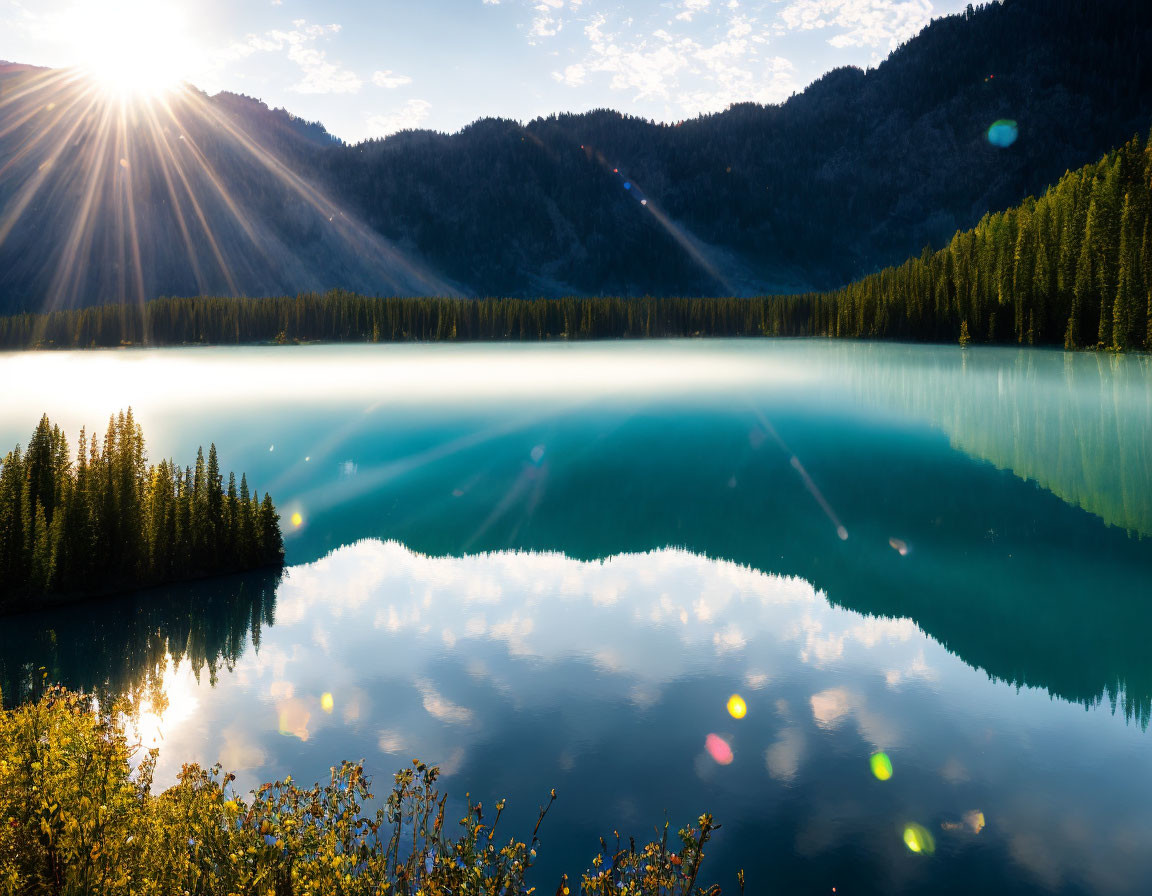 Tranquil mountain lake under clear blue skies