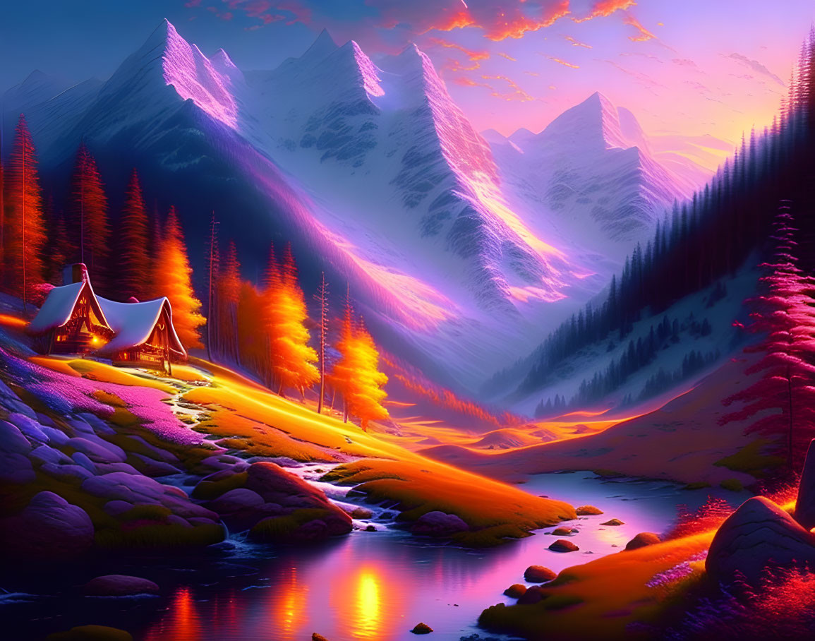 Digital artwork: Serene camping spot by river, glowing trees, snowy mountains at sunset