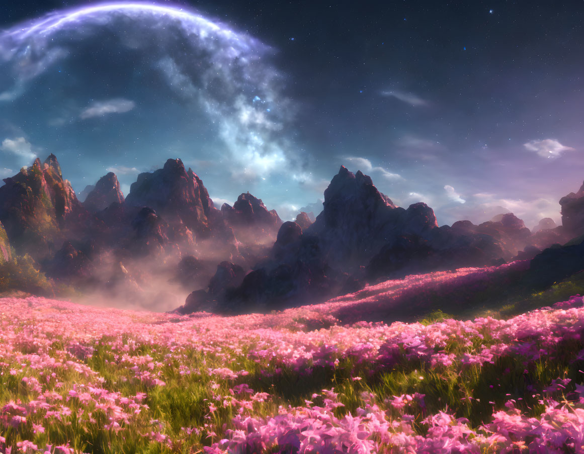 Fantasy landscape with pink flowers, mountains, celestial body