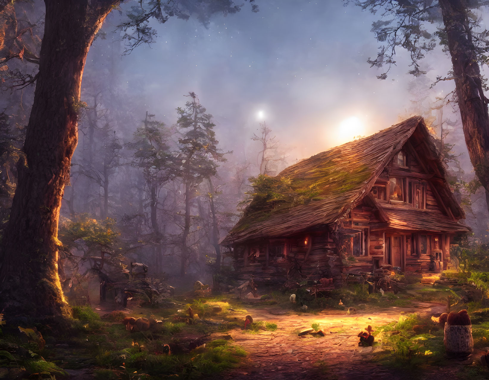 Rustic cabin in tranquil woodland with towering trees at sunrise