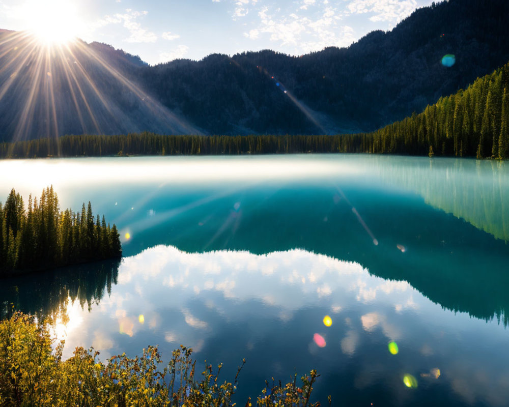 Tranquil mountain lake under clear blue skies