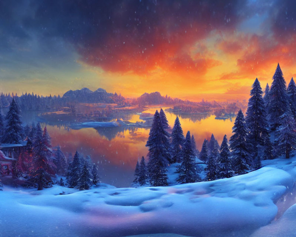 Snow-covered pine trees and lake in twilight winter landscape