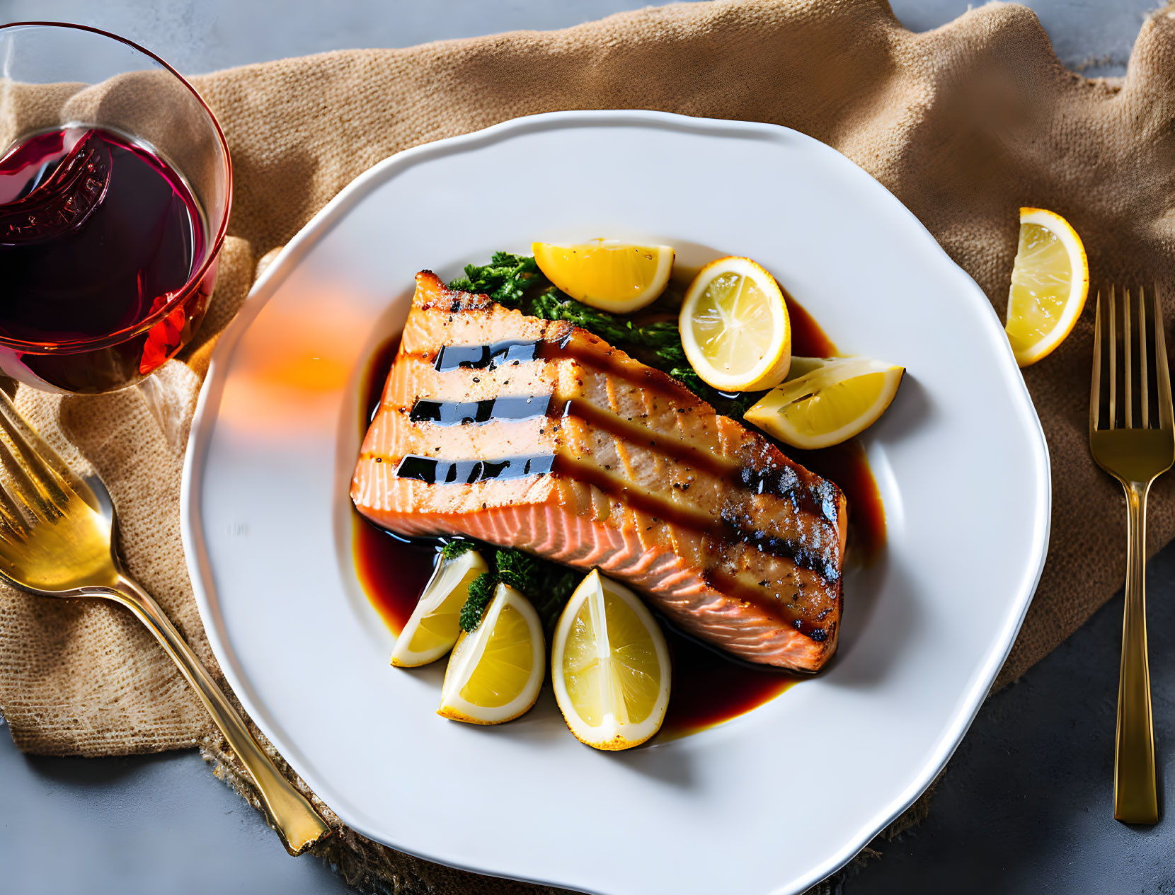 Fresh grilled salmon with lemon, kale, and red wine on white plate