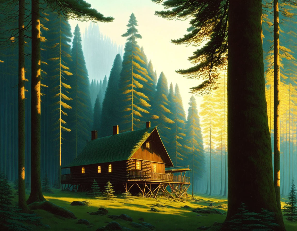 Tranquil forest cabin in warm sunlight