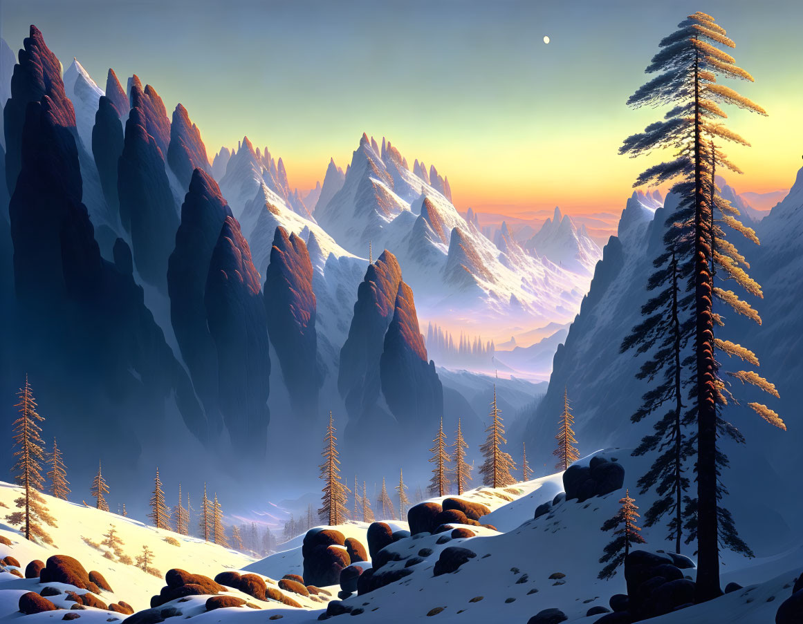 Snow-covered landscape with mountains, lone pine tree, and orange sky.