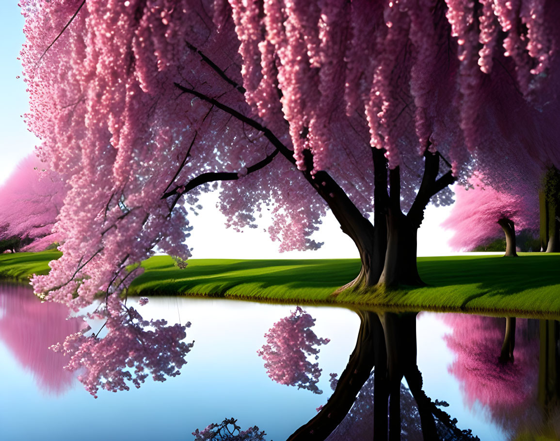 Blooming cherry blossoms over reflective lake and blue skies