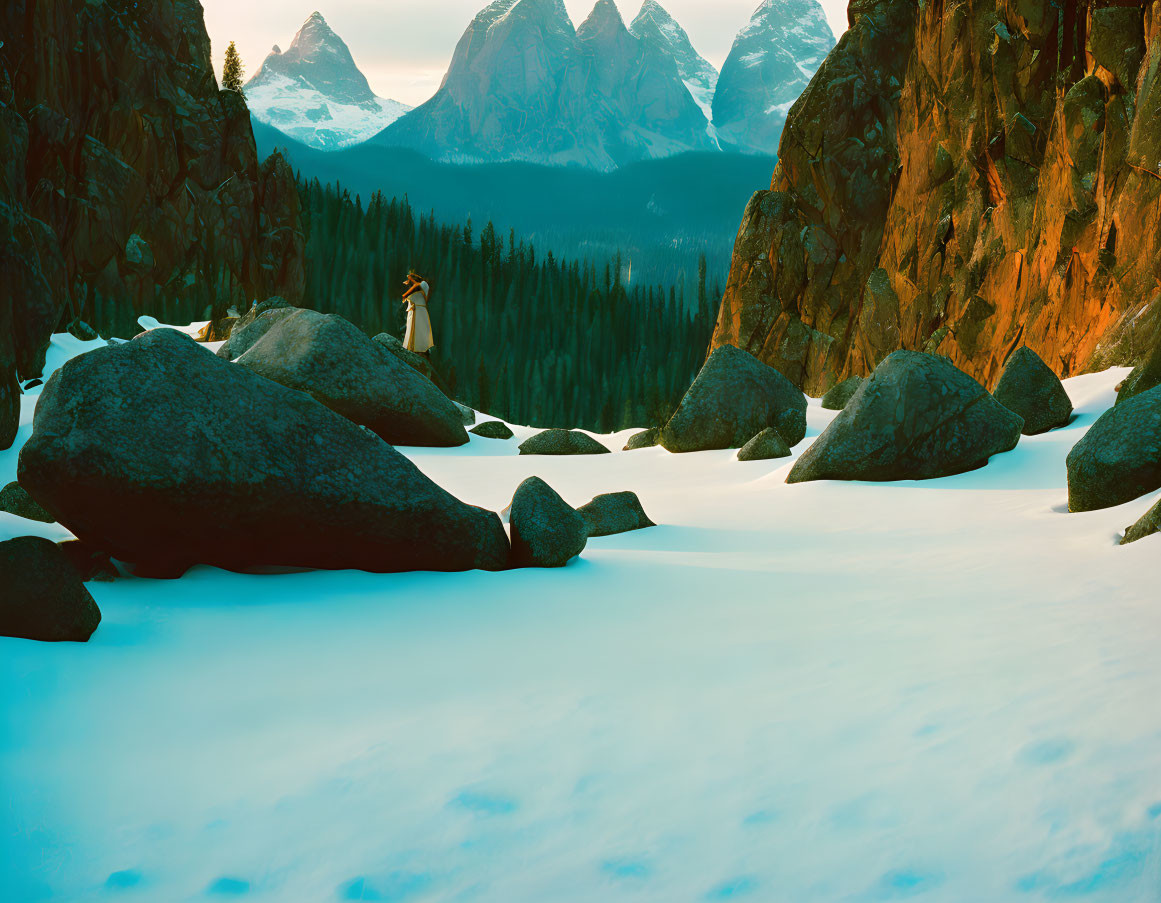 Snowy landscape with person, boulders, pine trees, and mountain peaks at dusk