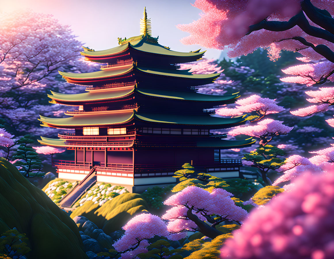 Traditional Pagoda Surrounded by Pink Cherry Blossoms in Serene Setting