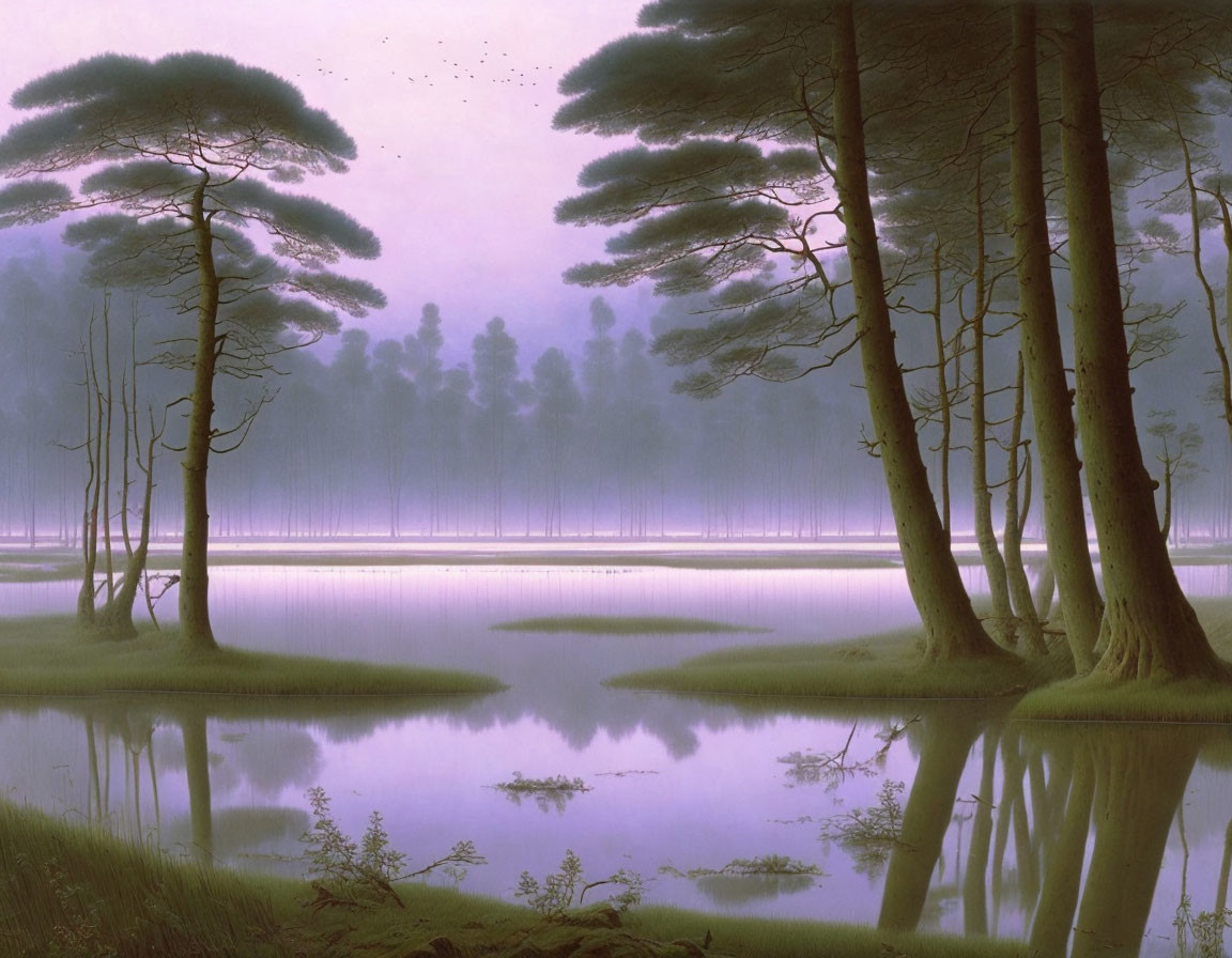 Tranquil Twilight Scene: Misty Forest, Lake, Trees, Birds