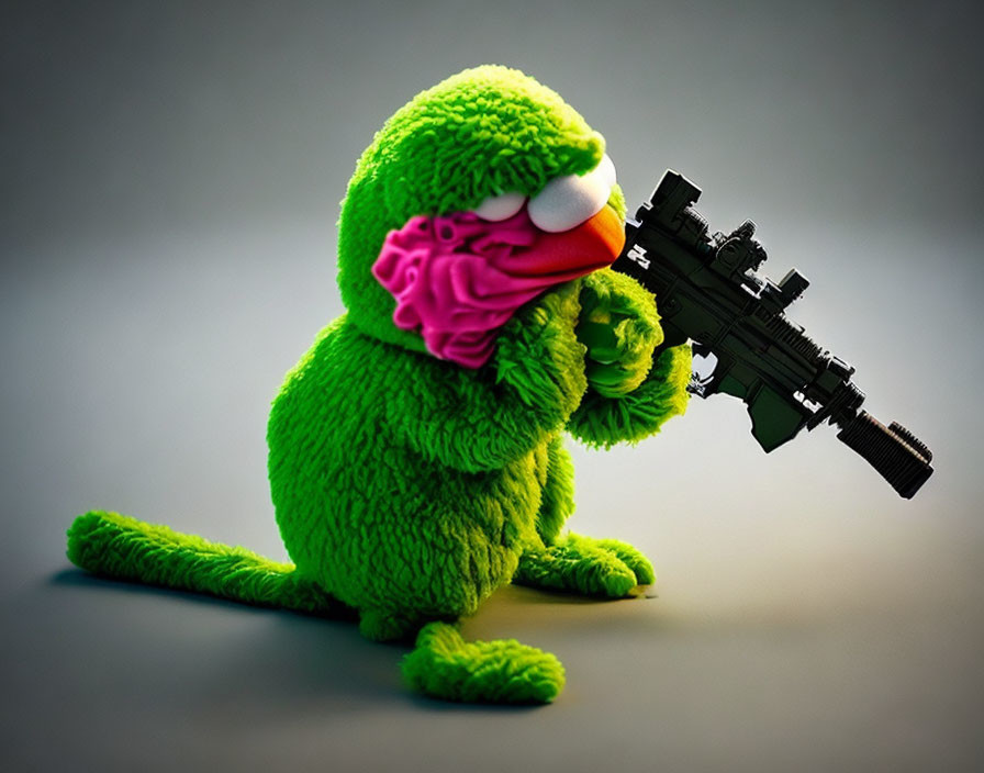 Green Furry Plush Toy with Orange Nose Holding Assault Rifle on Grey Background