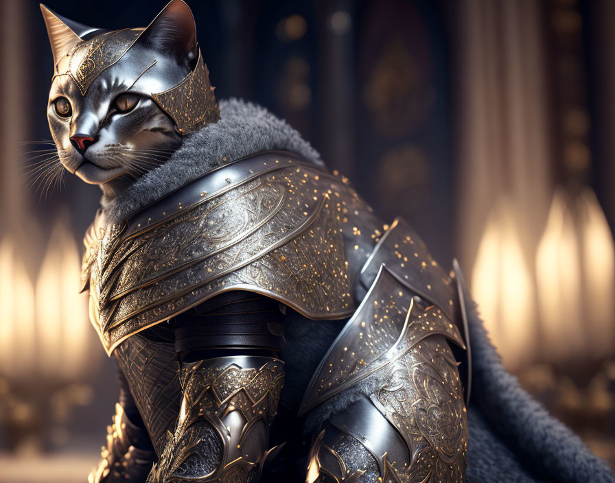 Regal cat in medieval armor with intricate designs