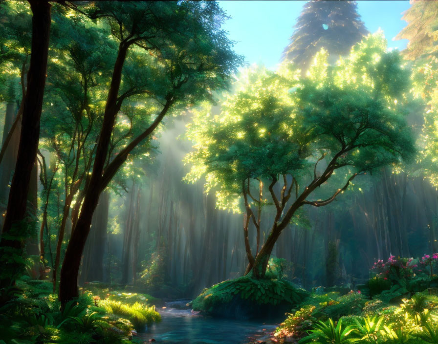 Lush forest stream illuminated by sunlight