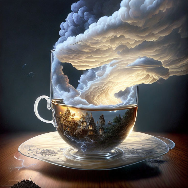 Surreal teacup with storm, lightning, miniature village on patterned saucer