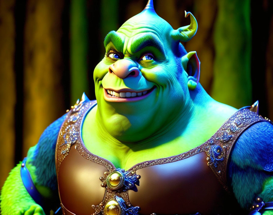 Smiling green ogre with horns in brown vest on dark background