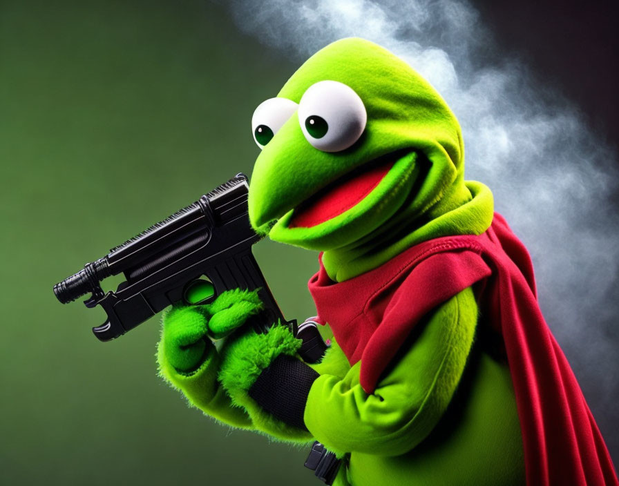 Green Frog Puppet with Red Cape and Pistol in Mysterious Setting