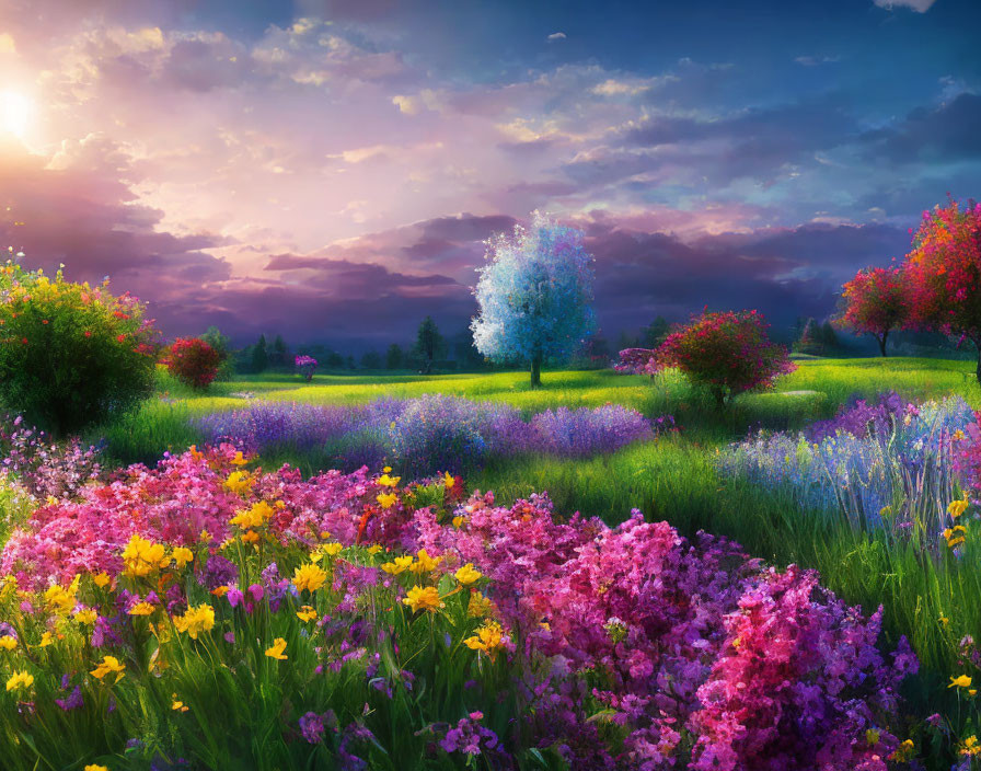 Colorful landscape with blooming flowers, trees, sun, and clouds