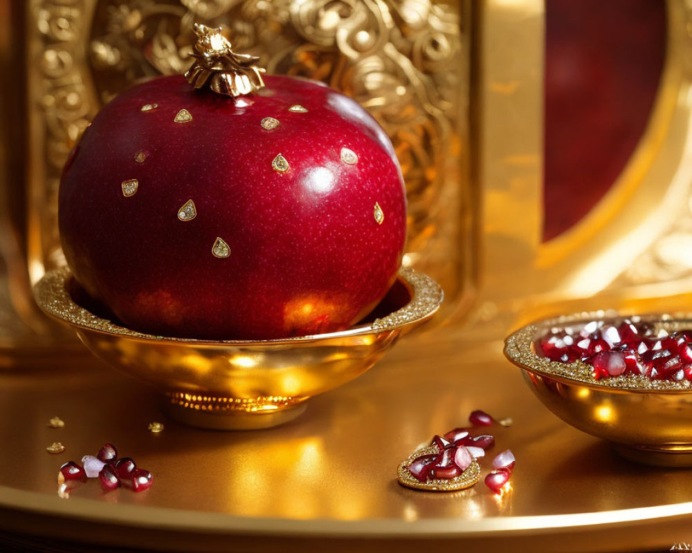 Luxurious Red Apple Centerpiece on Gold Dish with Pomegranate Seeds